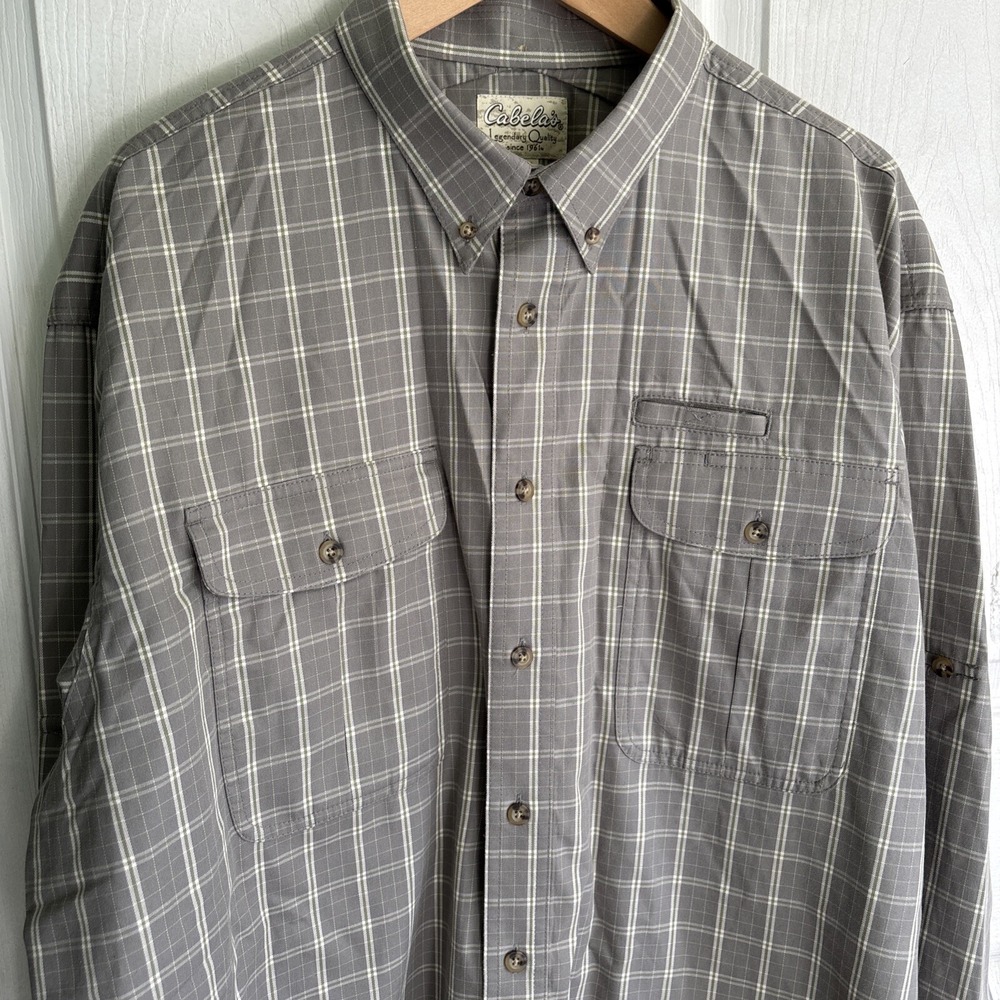CABELA'S MEN'S SHIRT XL Grey/green Squares Button Up Geometric 4Pockets (1 Zip)